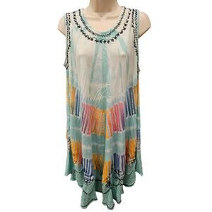 Jk swim cover up free size blue ombre embroidered trim tank dress beach casual +